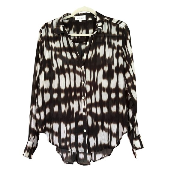 Bella Dahl In Black & White Blurred Ikat Print Button Down Blouse Lightweight - Picture 2 of 13